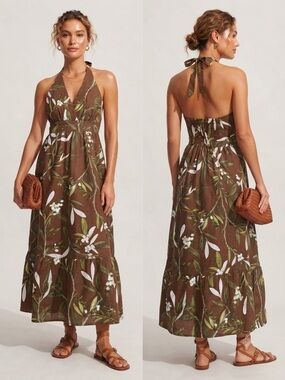 Cynthia Rowley Brown Halter Maxi Dress with Green & White Floral Print